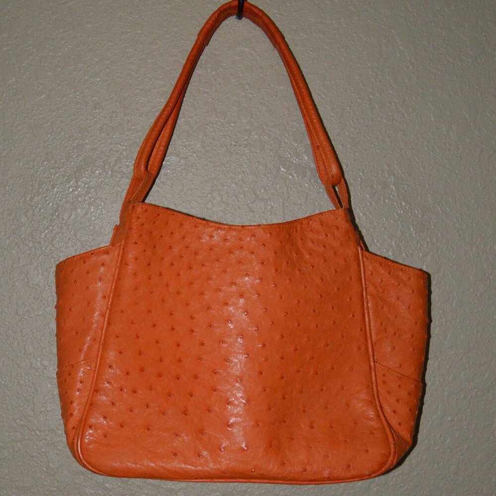 Lisa Barfield Orange Ostrich Shoulder Tote Handbag